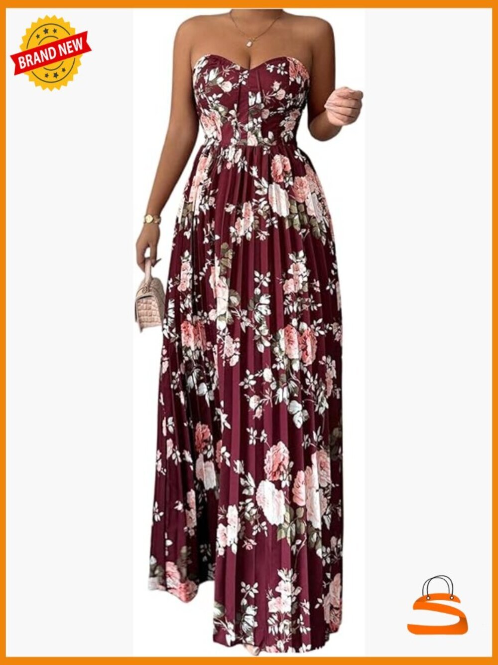 Floral Jacquard Tube Sleeveless Pleated A-Line Maxi Dress